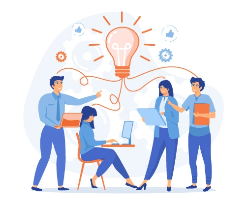 Illustration of coworkers working together under a light bulb.