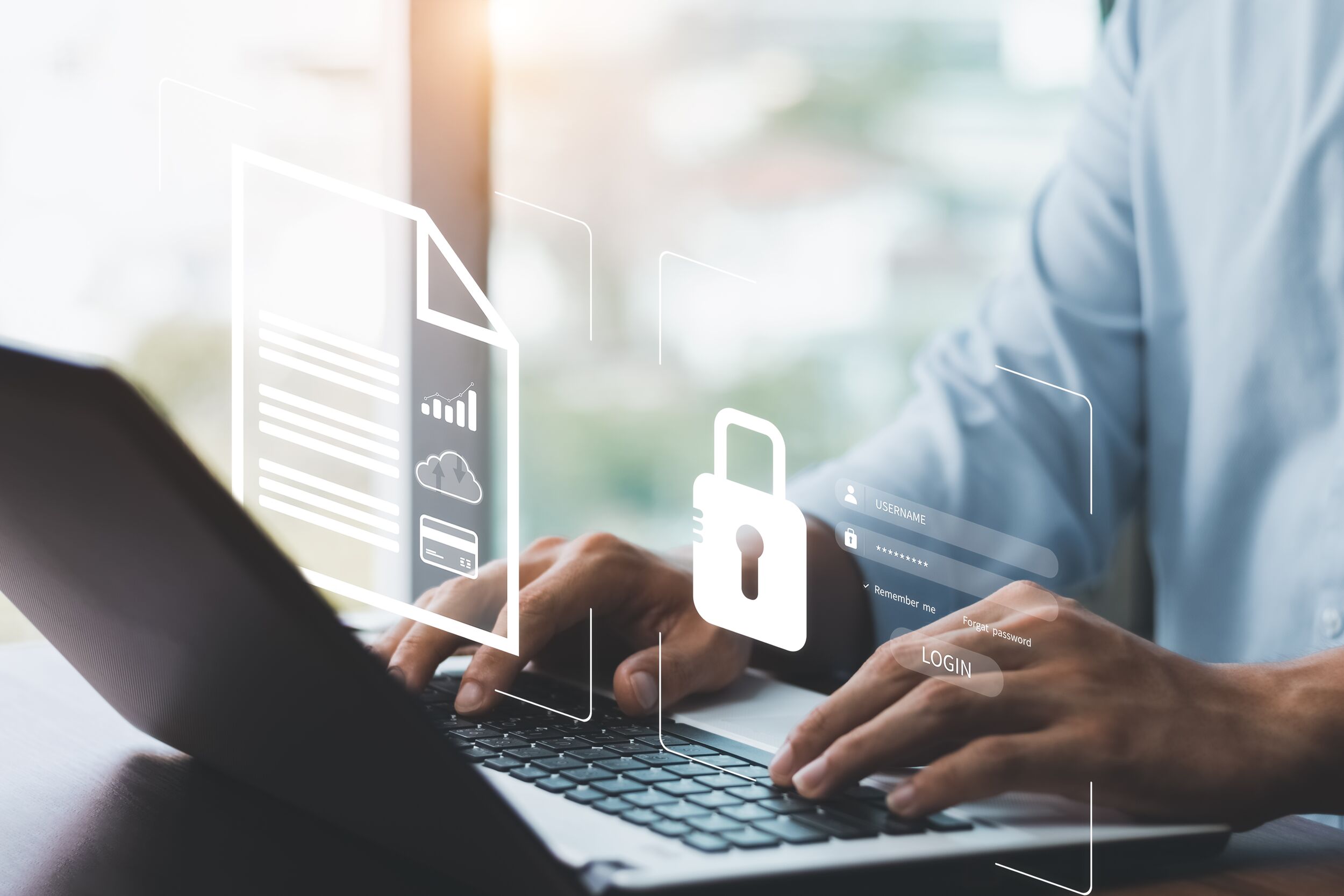 Man using a laptop with a lock,