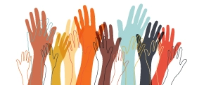 Illustration of diverse hands in the air.