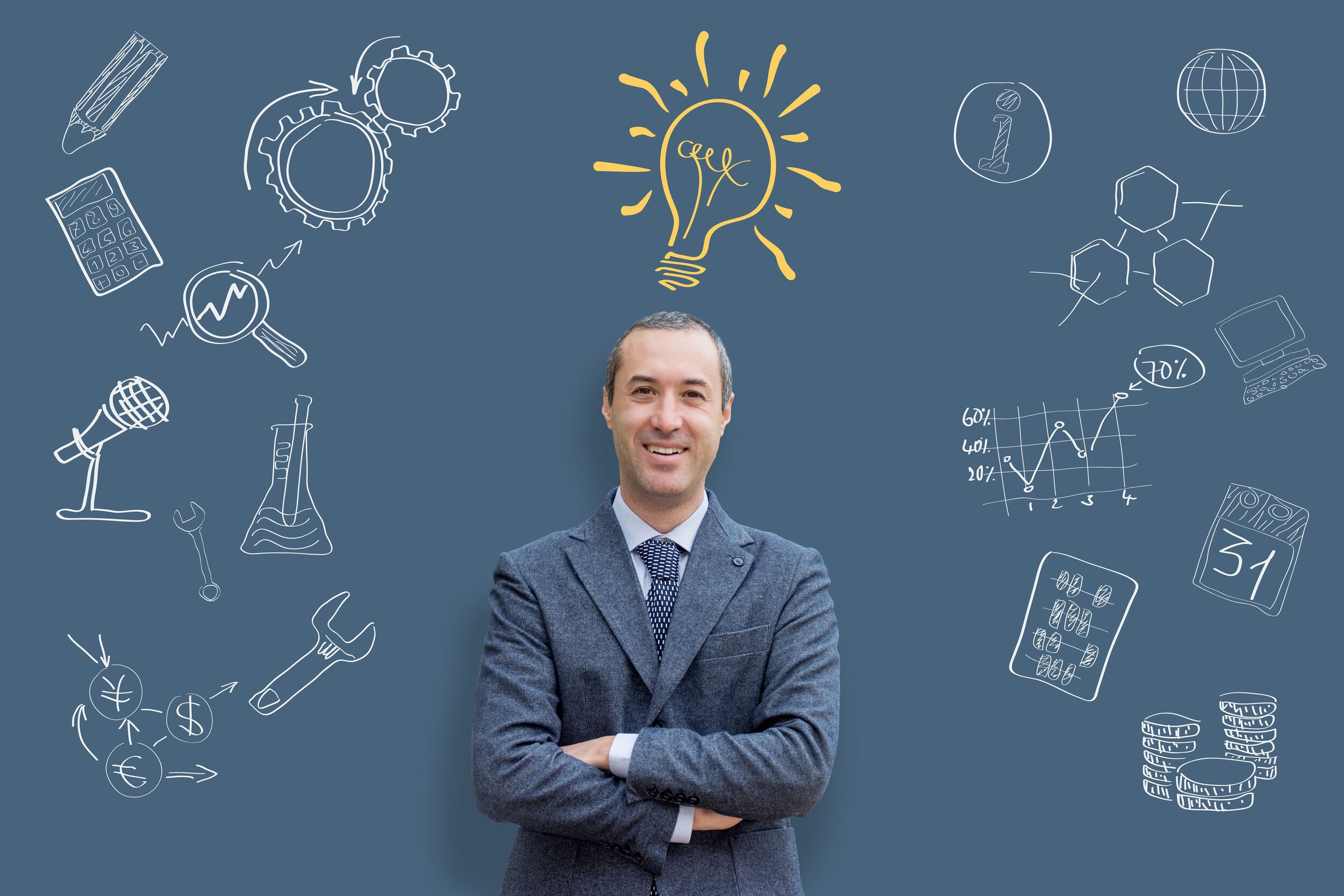 Man with a lightbulb above his head.